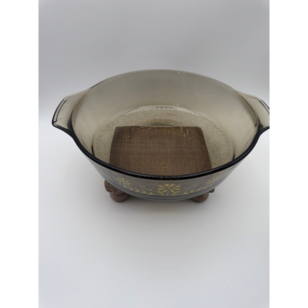 Vintage Glasbake Smoked Amber Casserole Dish Yellow Floral Daisy Textured Bottom